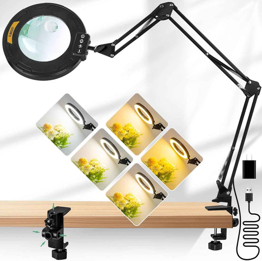 12X LED Magnifying Glass Desk Lamp with Swing Arm & Clamp - 5 Brightness Levels for Crafts & Reading