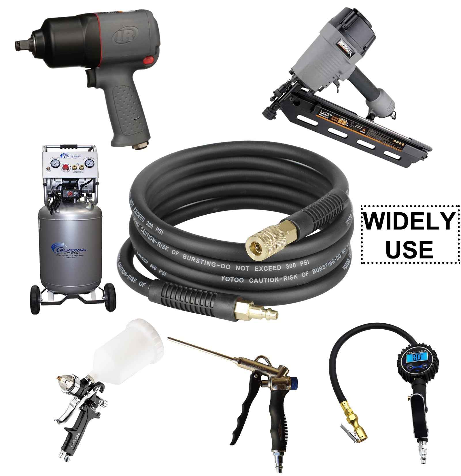 YOTOO Hybrid Lead-in Air Hose 3/8-Inch by 10-Feet 300 PSI Heavy Duty, Lightweight, Kink Resistant, All-Weather Flexibility with 1/4-Inch Brass Male Fittings, Bend Restrictors, Black