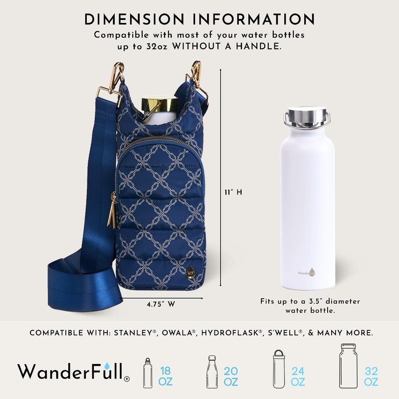 WanderFull® Original HydroBag®, Fits Up to 32 oz Water Bottle Holder with Strap, Gift for Women, Hands-Free Crossbody, Water Bottle Carrier Bag with Phone Pocket - Navy Knot Print