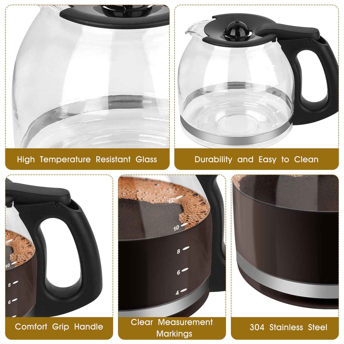 12-Cup Coffee Maker Pot Replacement Mr. Coffee 12 Cup Coffee Maker PLD12-RB, PLD12-NP, PLD12 Series FOR Mr. Coffee AM,CG,CHX,CJ,DW,DR, EVX,JWX,MV,PL and VB Series Coffeemaker -Black Handle