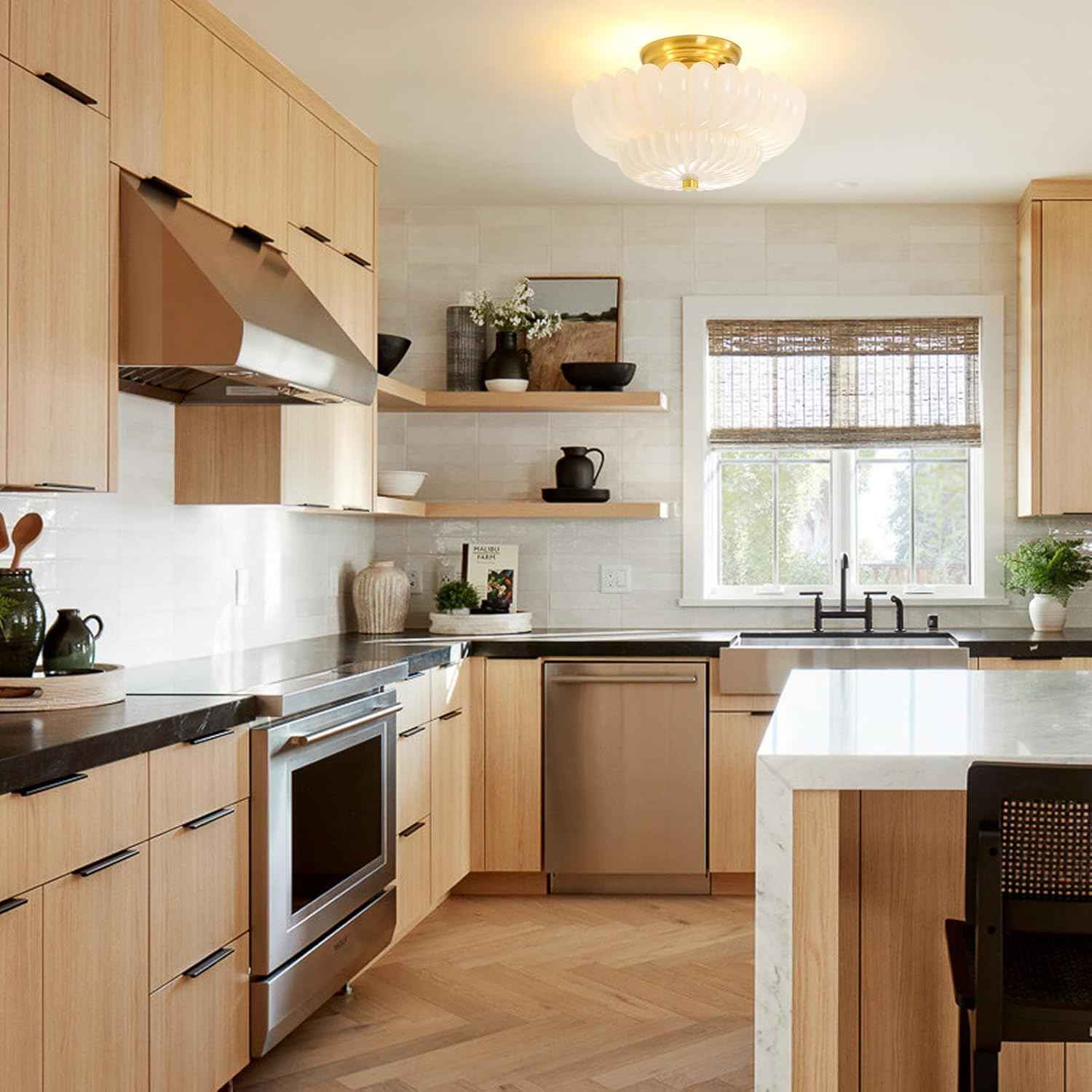 Modern Semi Flush Mount Ceiling Light Fixture with Brown Glass & Black Base - Ideal for Living Room, Kitchen, Bedroom, Hallway (Bulb Not Included)