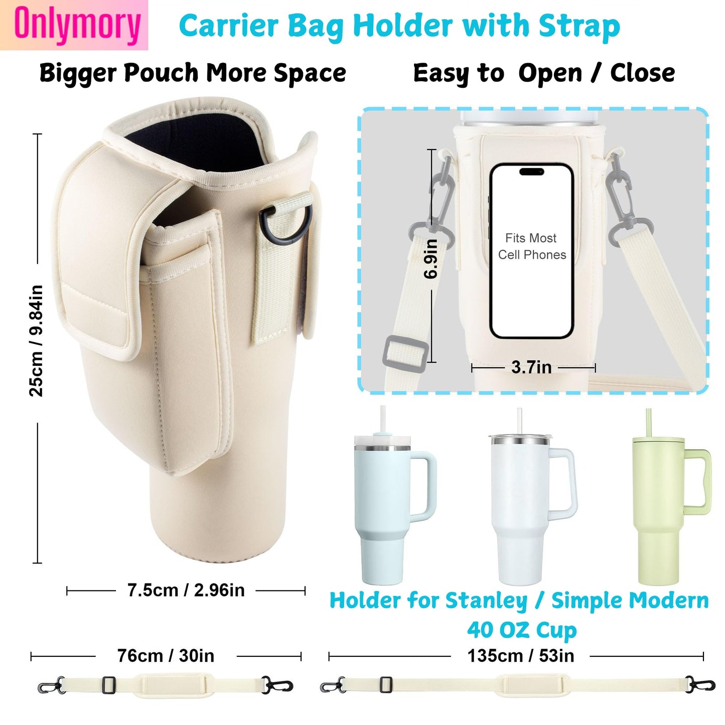 Carrier Bag for 40 OZ Stanley Cup Accessories, Holder with Strap and Pockets, Crossbody Water Bottle Bags for Stanley 40OZ Tumbler with Handle, Phone Pouch and Straw Cover, Neoprene