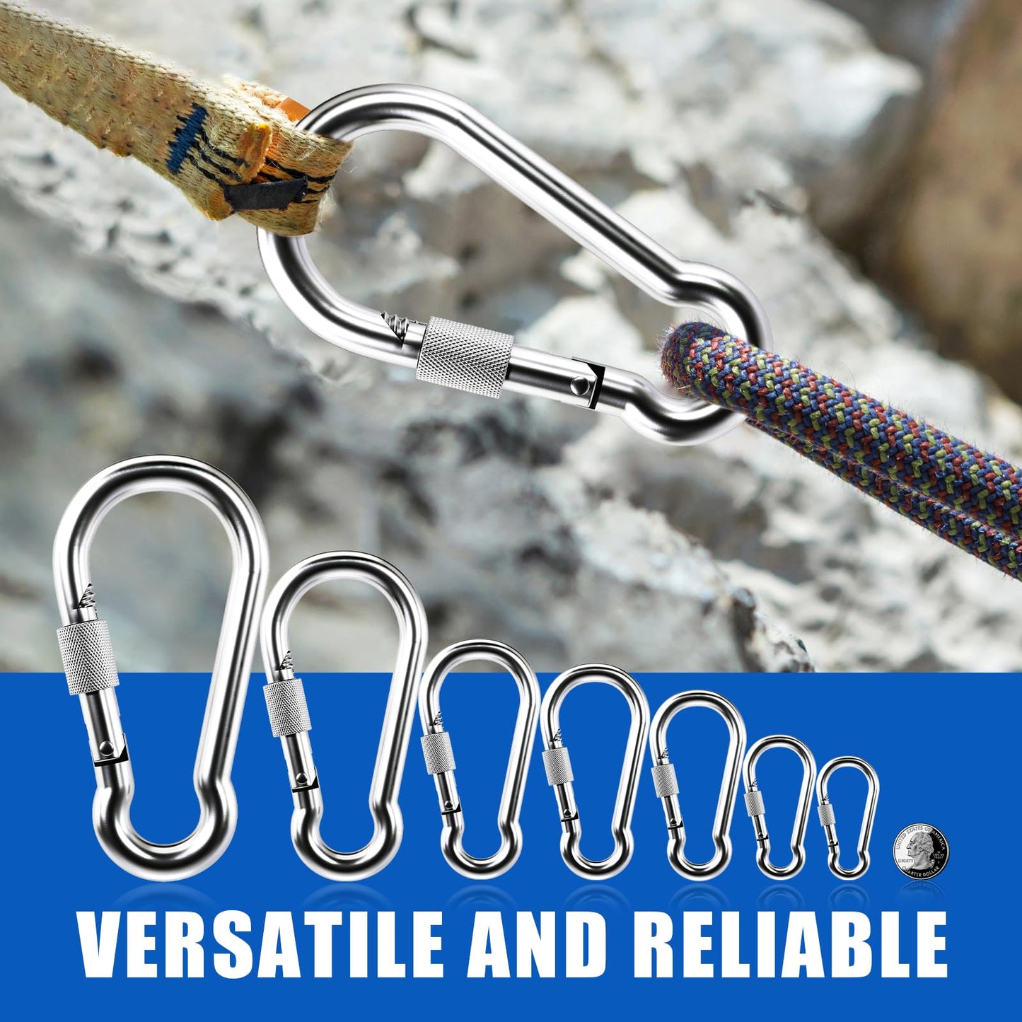 KINLINK 2 Pack Screw Locking Carabiner - 4.00 inch Heavy Duty Carabiner Clips, 304 Stainless Steel Large Caribiner for Camping, Swing, Hammock, Hiking,Weight Lifting Machine, Home Gym Equipment