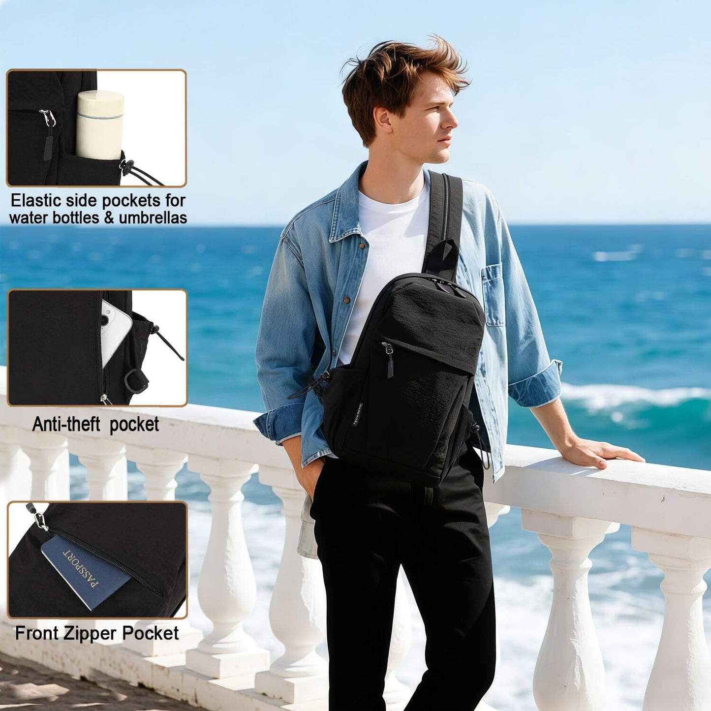 FEDESERN Carbon Lined Backpack,Waterproof Zipper Sling Backpack,Travel Chest Shoulder Bag,Lightweight Unisex Crossbody Casual Daypack for Men & Women (Black)