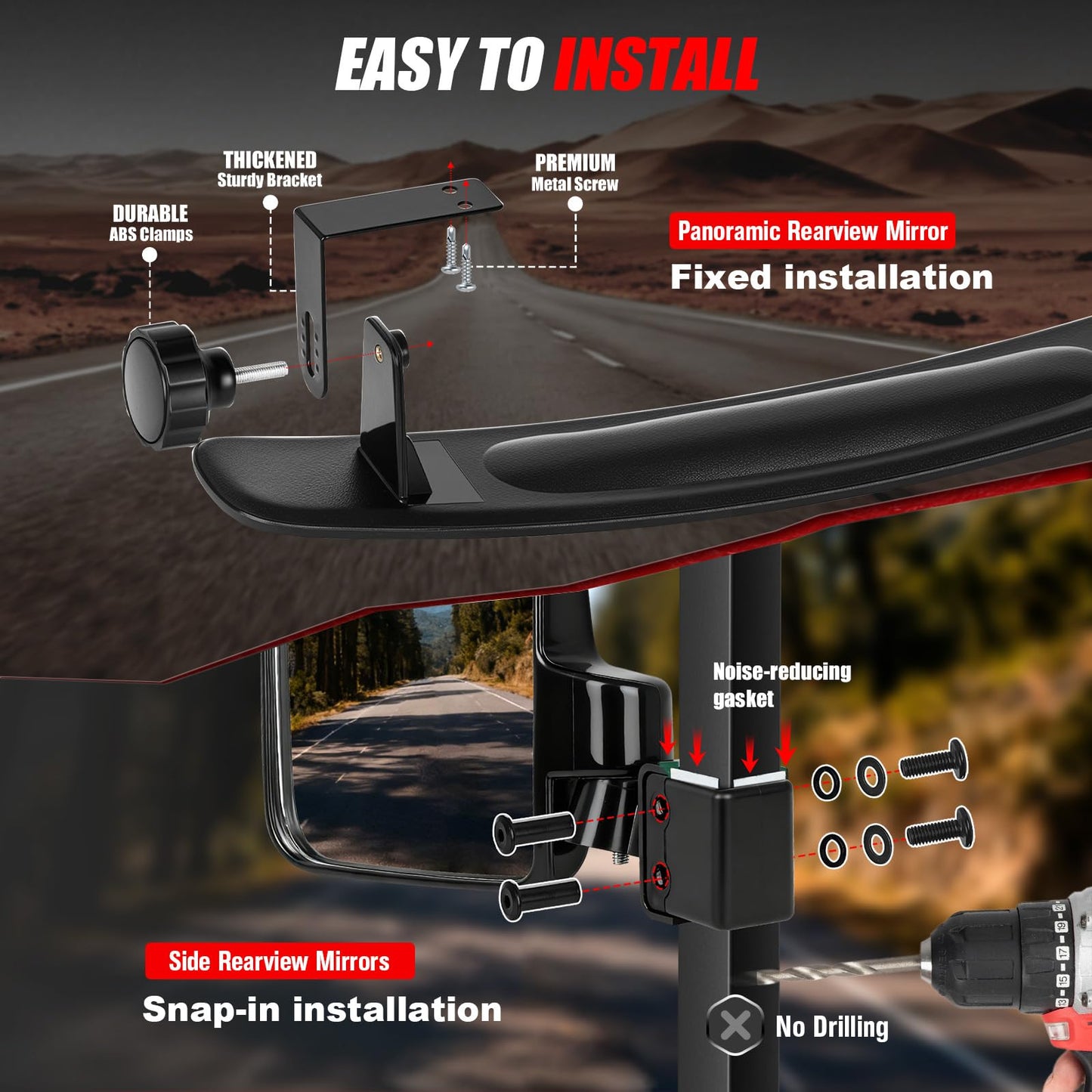 CASISPRO Universal Golf Cart Mirrors, No Drilling HD Shatterproof Glass Mirrors for EZGO Club Car Yamaha, Golf Cart Side Mirror & Rear View Mirror Kit, 180° Rotation, No Blind Spots