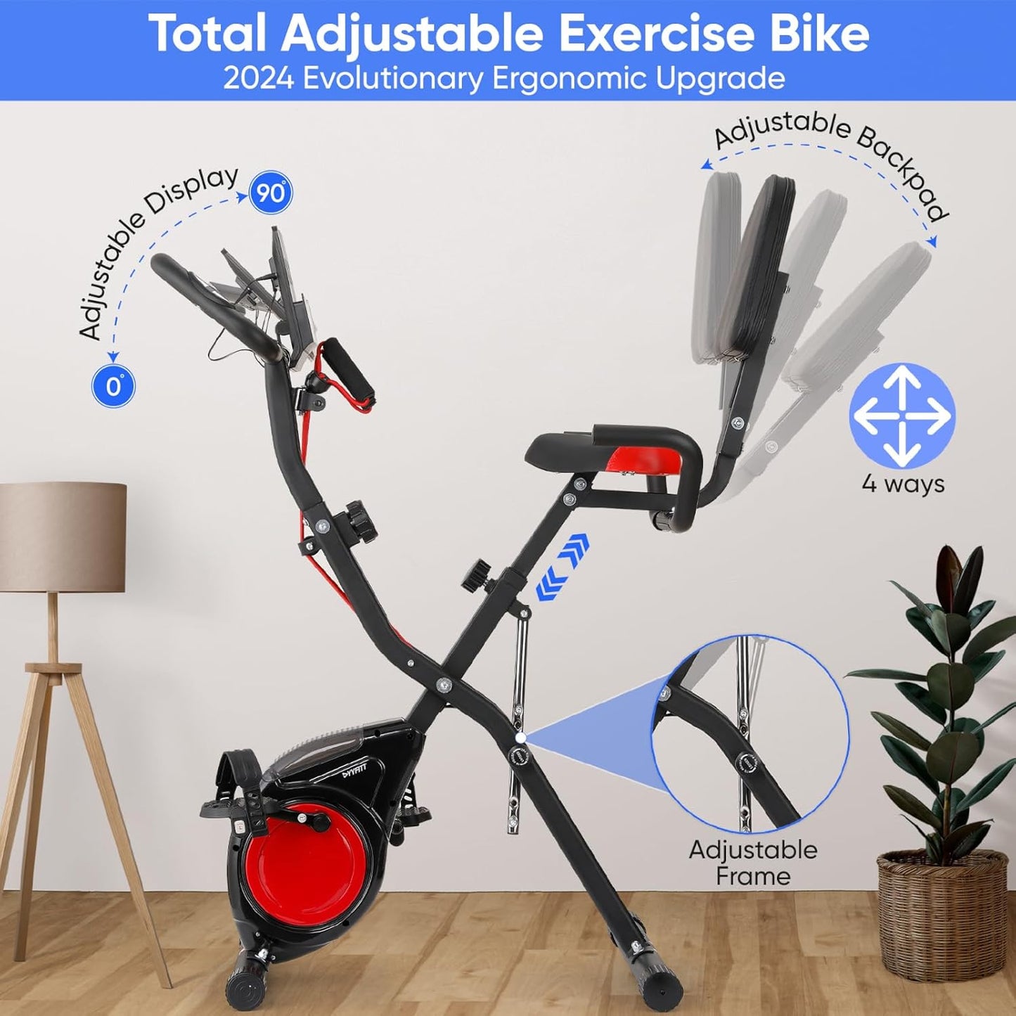 YYFITT 3-IN-1 Exercise Bike - Compact Folding Stationary Bike with Luminous Display | 16 Levels of Resistance, Backrest & Wider Seat