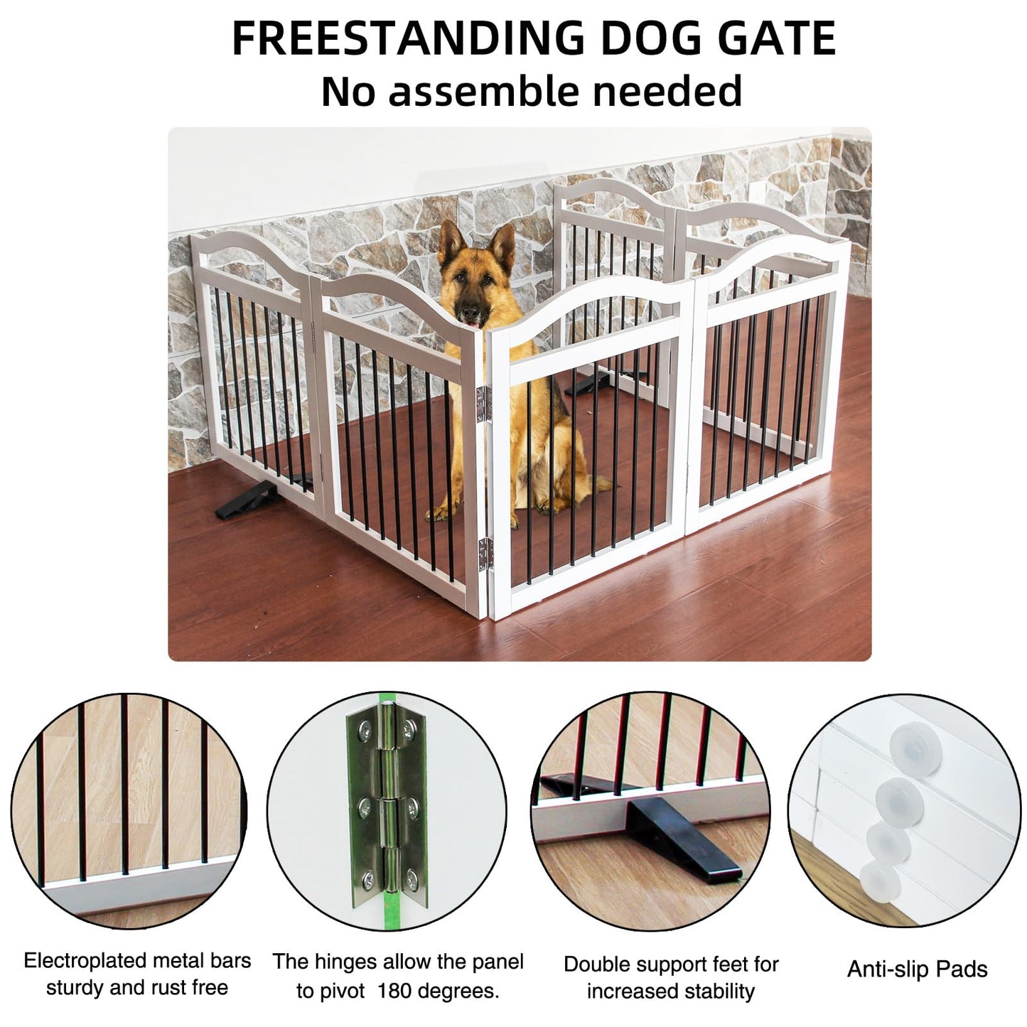 ZJSF Freestanding Foldable Dog Gate Indoor, Pet Gate for Doorways, Dog Fence for The House, Sturdy Wood Puppy Gate for Stairs, White Pet Gate with Support Feet for Hallways, 24 "Height-6 Panels