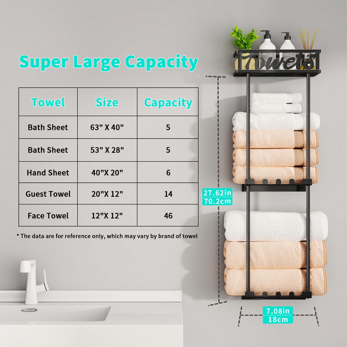 HapiRm Towel Rack Bathroom Storage - 3 Tier Over The Door & Wall Mounted Rolled Towel Racks Holder Organizer with Metal Shelf and 6 Hooks for Small Bathroom, Camper, Rv - Black (for 1.77 in Doors)