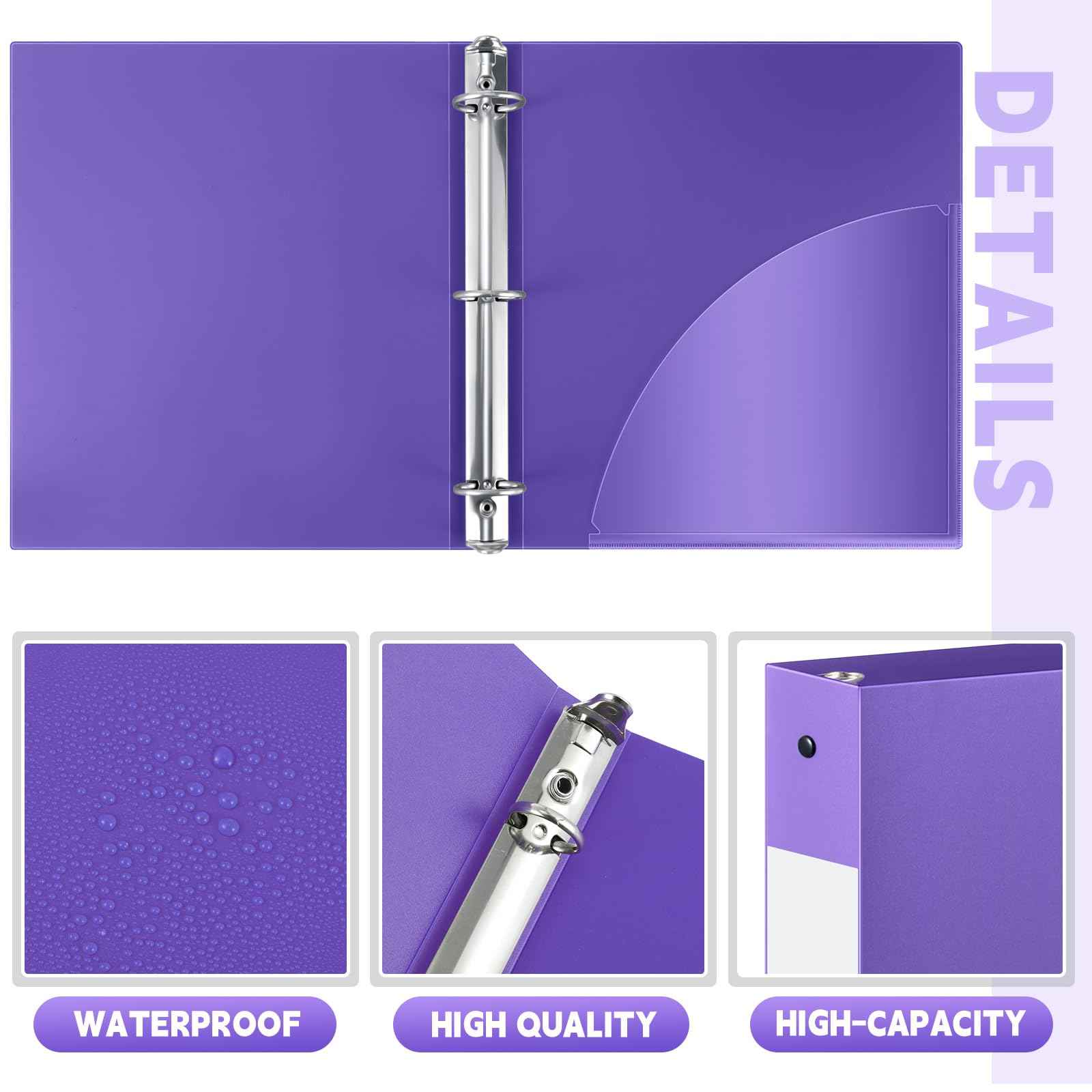 Henoyso 12 Pcs 3 Ring Binder 1.5 Inch Plastic Flexible Round Binder Fits Letter Size 8.5 x 11 Inch Paper Holds 300 Sheets with 1 Pockets for Office School (Purple)