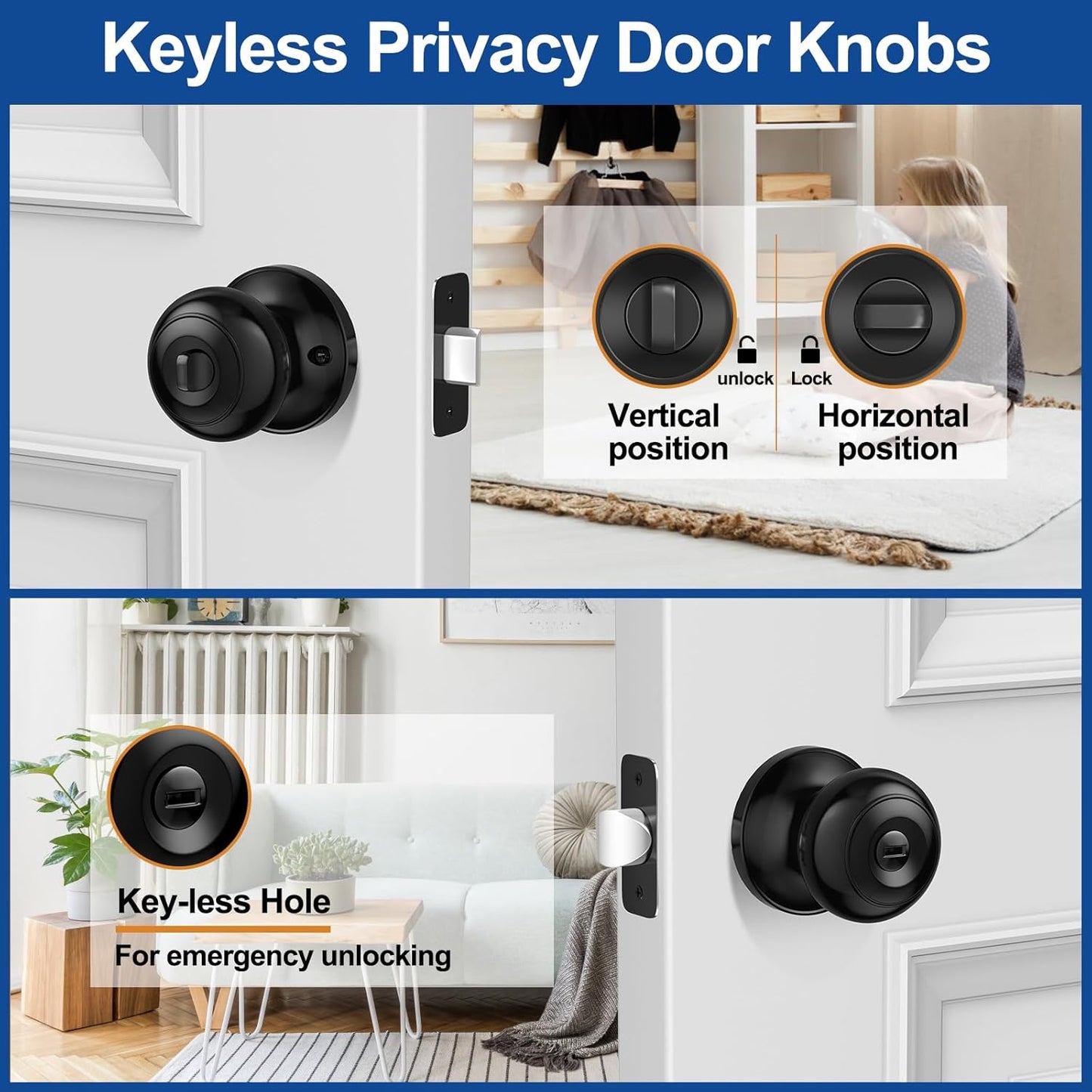 Brushed Nickel Privacy Door Knob Set - Keyless Interior Locks for Bedroom & Bathroom (6 Pack)