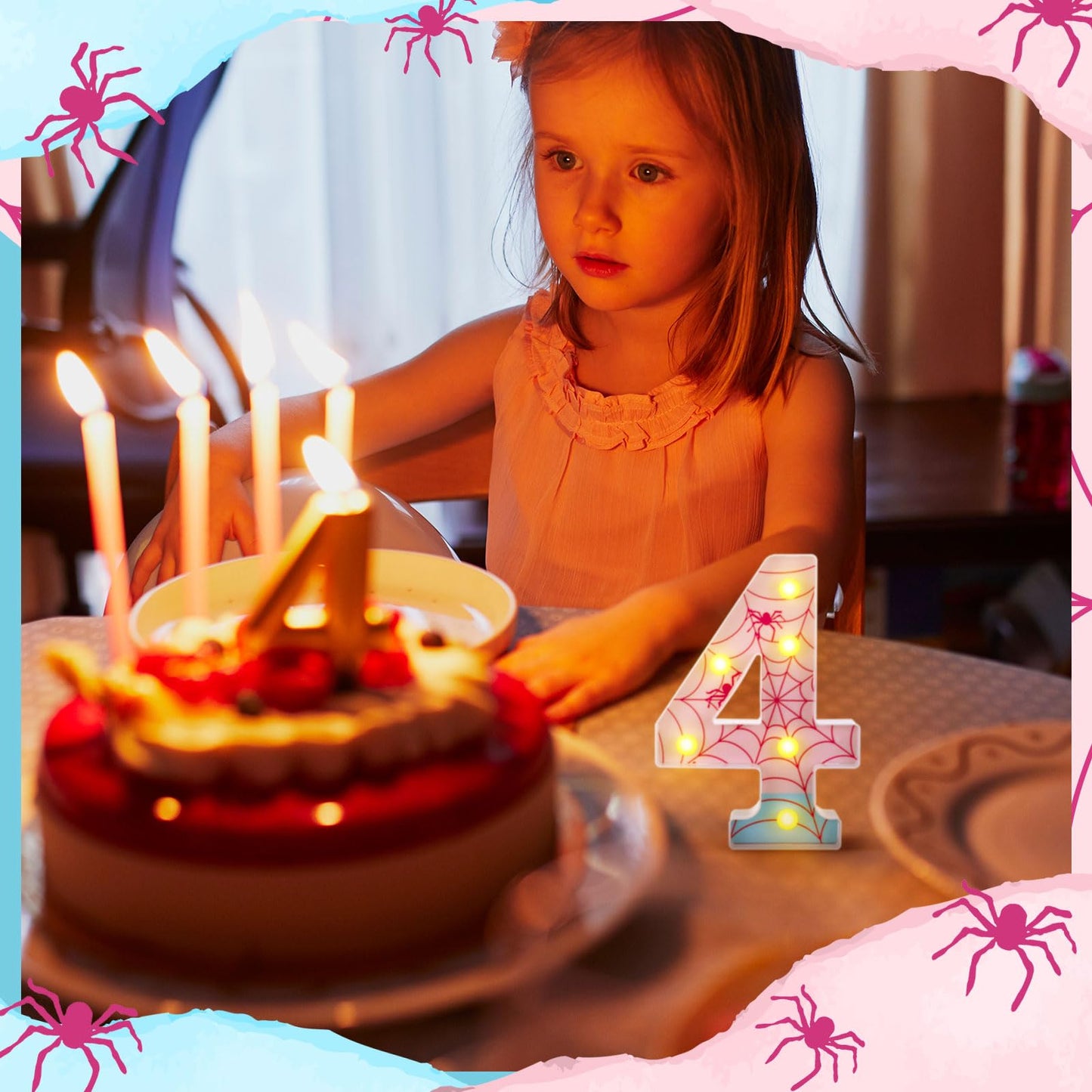 Leinuosen Spider LED Number Lights Birthday Party Decoration Pink Spider Light up Numbers Women Birthday Supplies for Marquee Night Christmas Gift Baby Shower (Number 4)