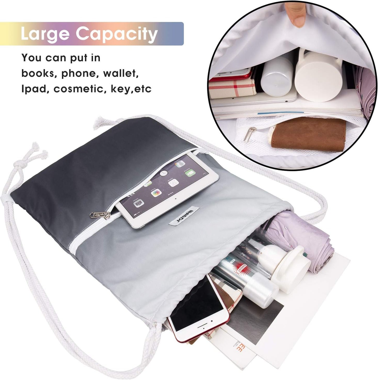 WANDF Drawstring Backpack - Water Resistant Nylon Sackpack for Gym, Shopping & Yoga | Grey