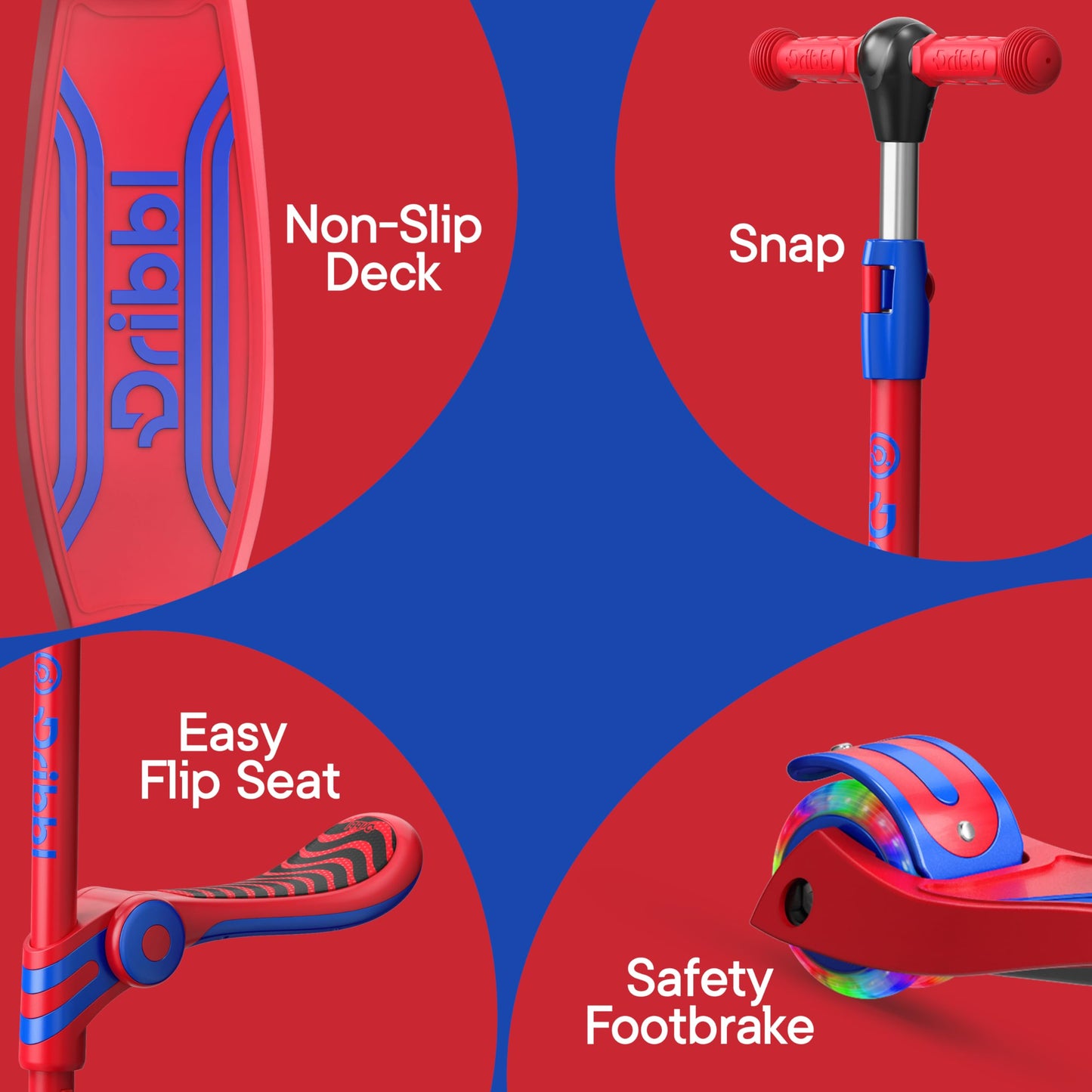 Red and Blue 3 Wheel Scooter with Seat for Kids, Light-Up Wheels, Adjustable Lean to Steer Handlebar and Seat, Smooth Wheels, Wide No-Slip Deck, Rear Foot Brake, Toddler Outdoor Toys for Ages 2+