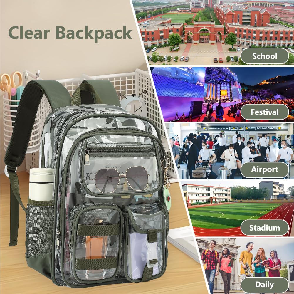Lroiutian Clear Backpack for School Girls Boys Heavy Duty Transparent Backpack with Multiple Pockets, Lightweight PVC See Through Bookbag for Students-Army Green