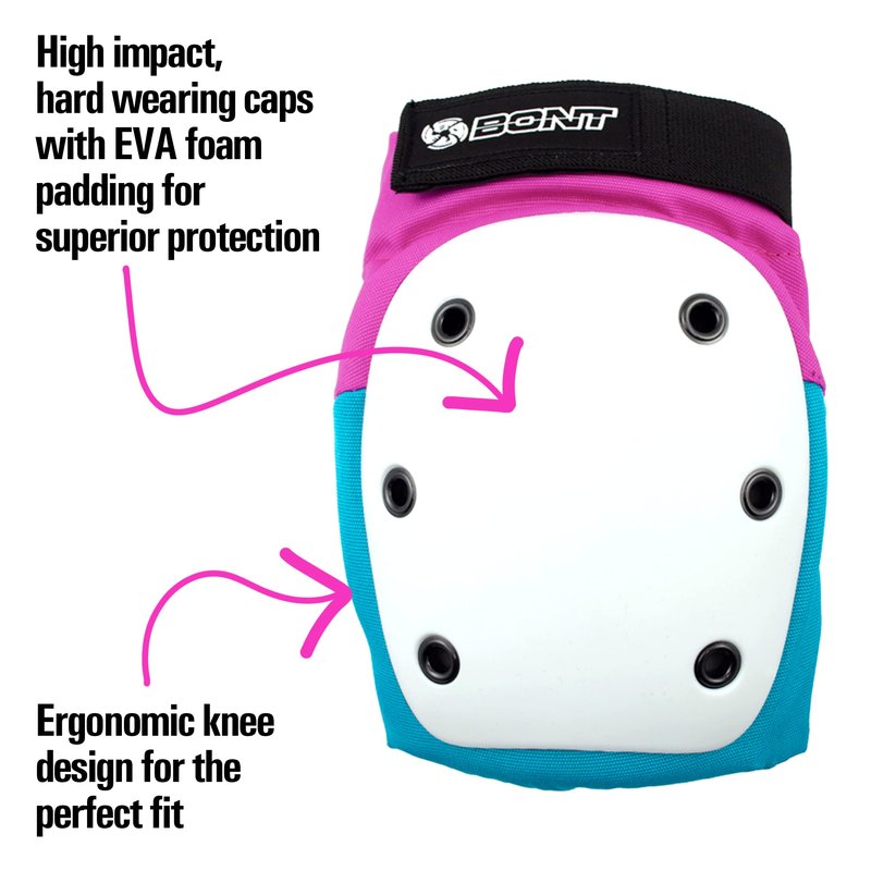 Bont Junior / Kids Skate Pads Protection Set for Inline Skate, Roller Skate, Ice Skate, Skateboard, Elbow Knee Wrist Protective Set in Black Pink and Teal (Pink/Teal, Medium)