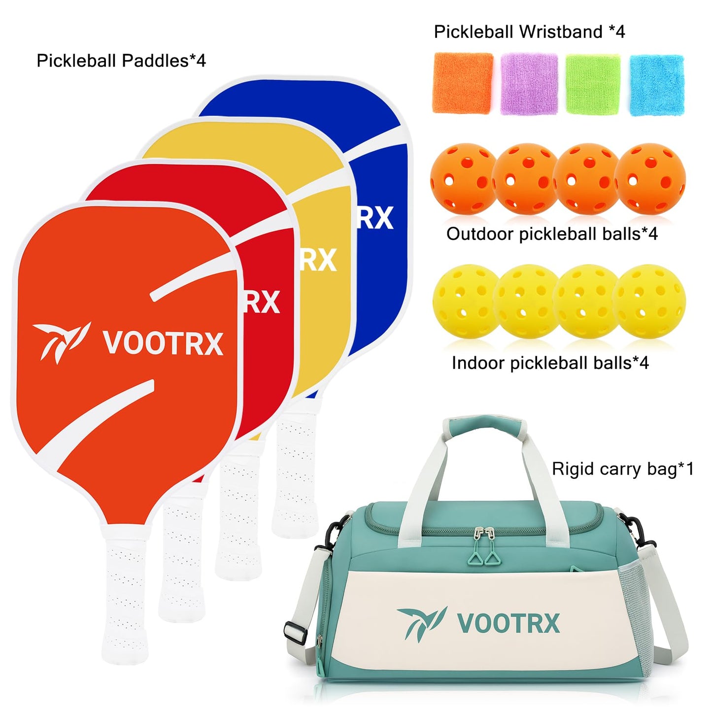 Pickleball Paddles Set of 4,8 Balls, 4 Colorful Fiberglass Pickleball Rackets, Carry Bag & Wristbands for Indoor and Outdoor Play