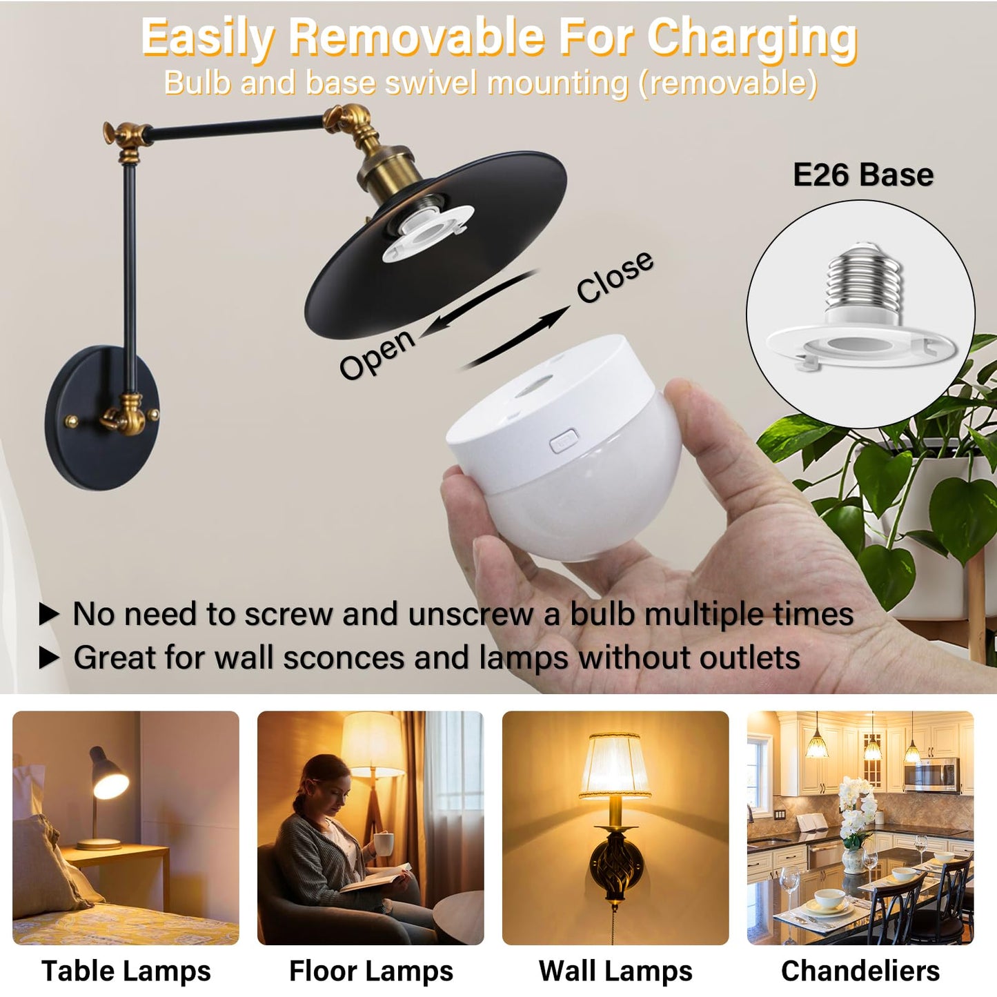 E26 Rechargeable Light Bulb with Remote,Battery Operated Backup Bulb for Sconces & Lamps,15 Colors Selectable,3 Timer,Dimmer,Wireless Puck Light Bulbs for Non-Hardwired,Detachable Charging,2 Pack