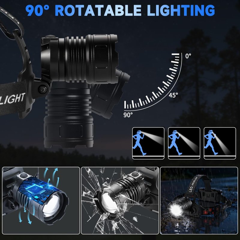 Rechargeable Headlamp High Lumen, 3000L Super Bright Head Lamp, 90° Rotatable Head Lights for Forehead, Adjustable Focus Headlight Flashlight, 4Modes LED Headlamps for Adults Hardhat Camping (2Pack)
