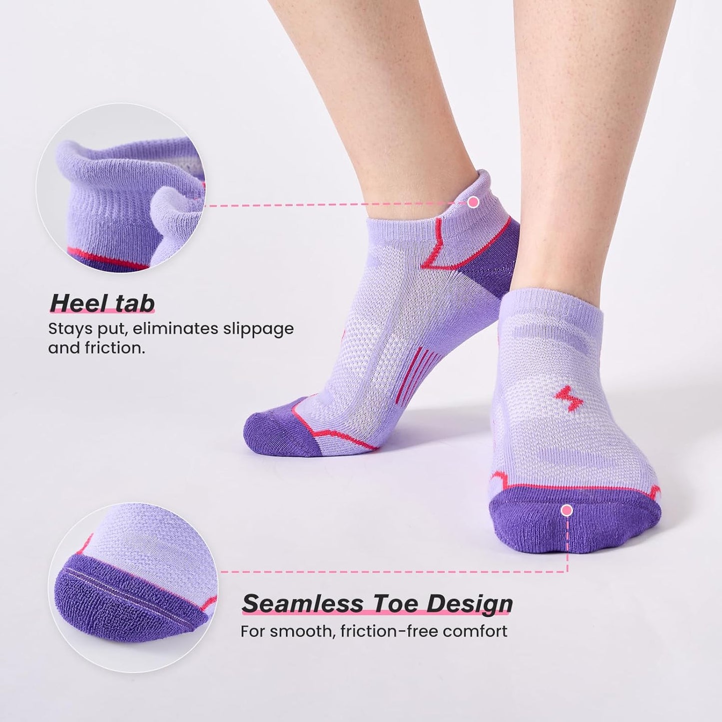 Niorasen Ankle Socks for Women - 6 Pairs of Cotton Cushioned Low Cut Athletic Running Socks