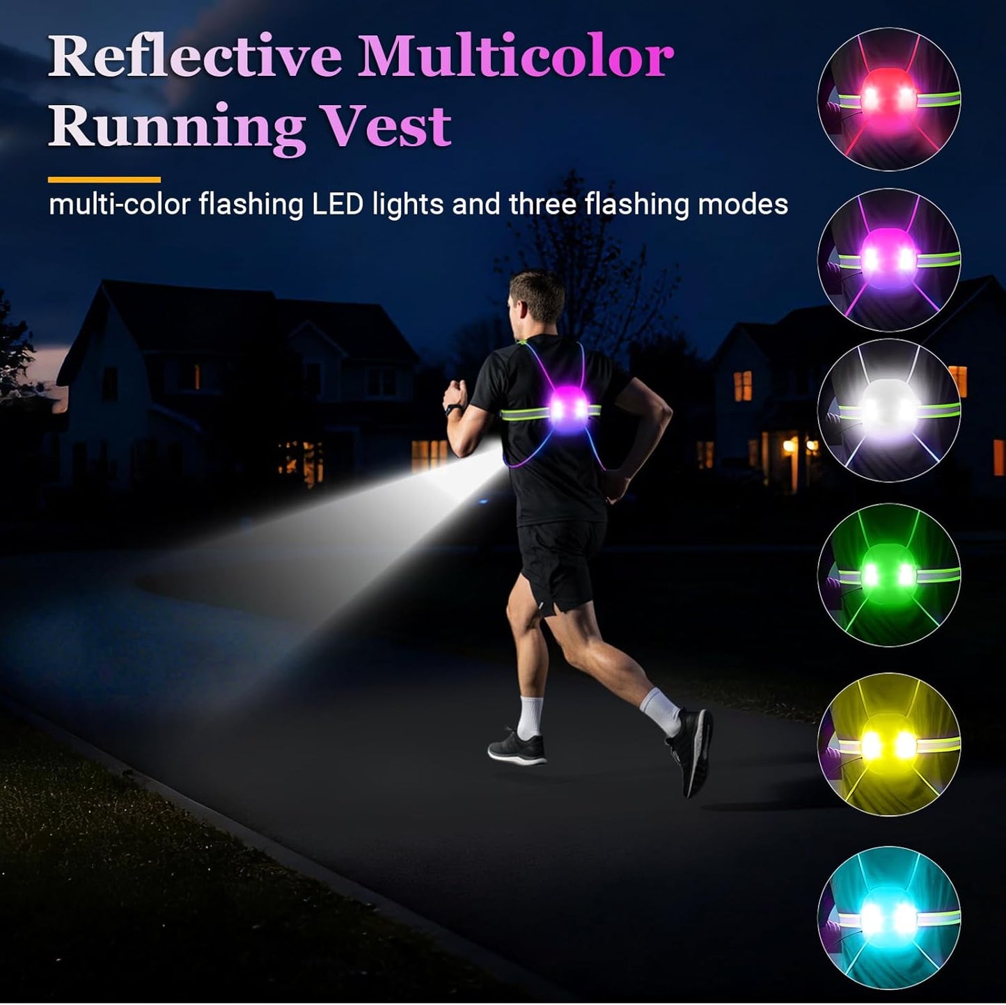 Skiennix Reflective Running Vest - Rechargeable LED Safety Gear with 3 Modes & 7 Colors | Adjustable Medium Size for Night Running, Cycling & Hiking