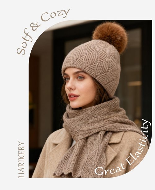 Knit Hat Scarf Set with Detachable Pom Pom, Wool Blend Winter Beanie & Long Scarf, Cold Weather Accessories for Women Beige
