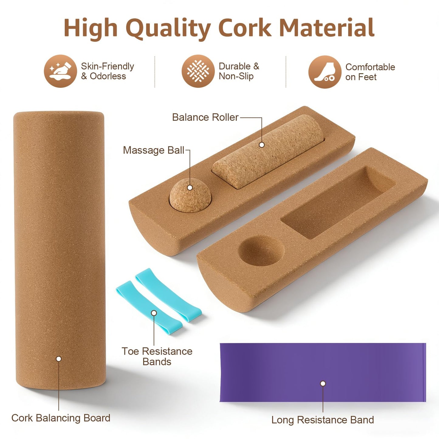 Natural Cork 5 in 1 Balance Board Kit, Foot & Ankle Strengthener with Massage Roller, Ball, Toe & Yoga Resistance Bands, Balance Trainer for Stability, Foot Strength, Pain Relief & Home Fitness