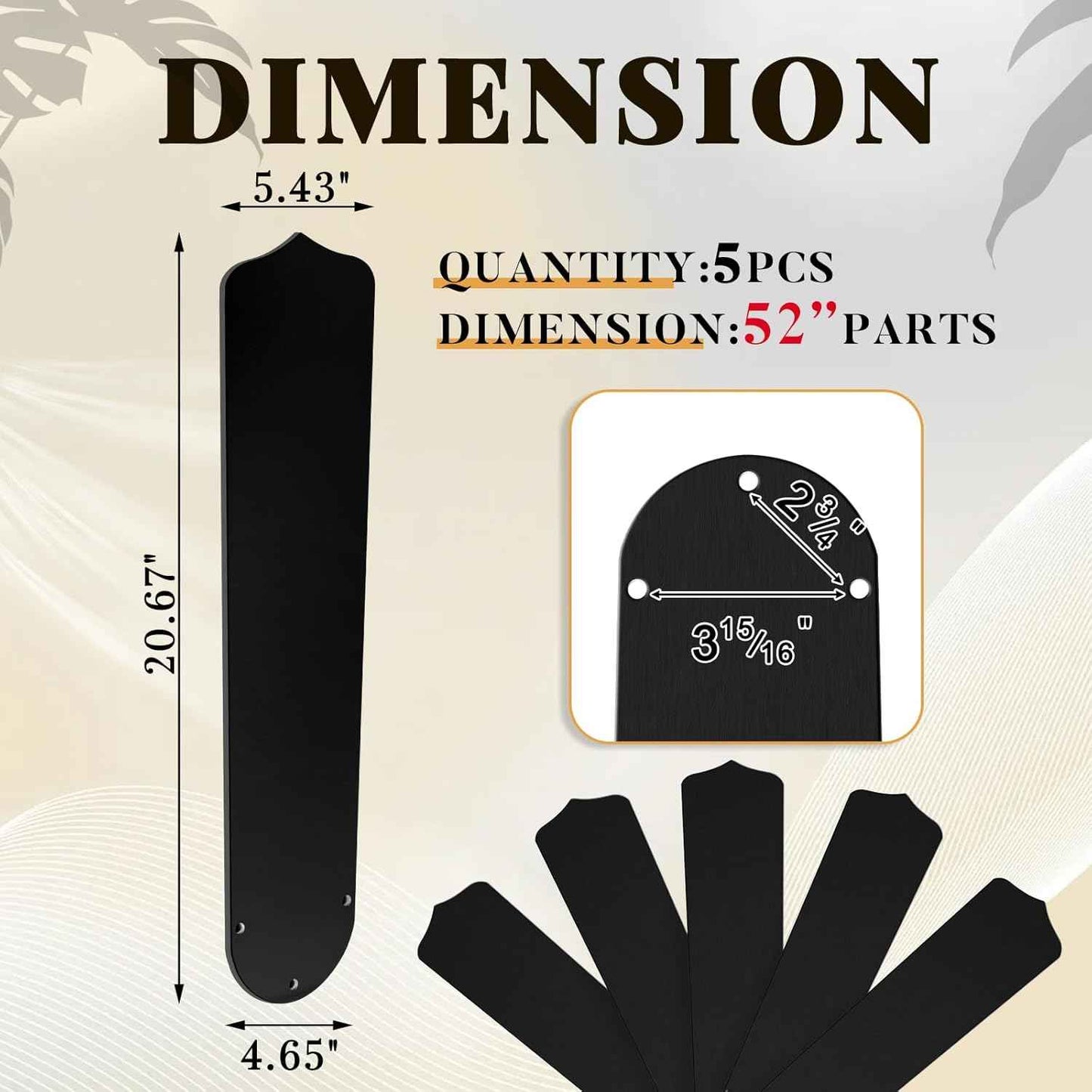 42-Inch Waterproof Replacement Fan Blades - 5 Pcs for Indoor/Outdoor Ceiling Fans