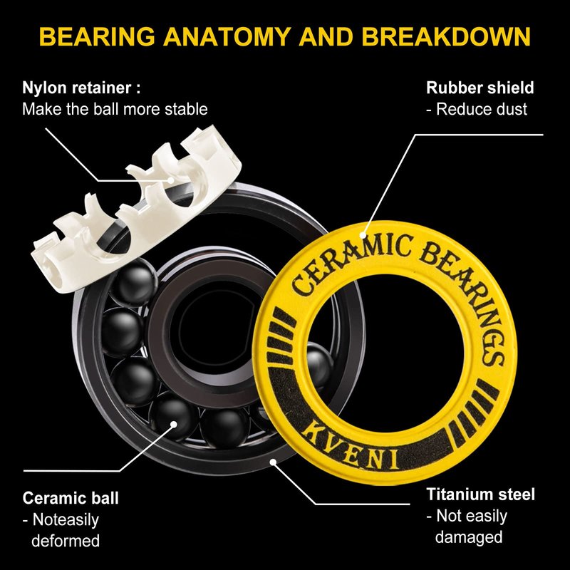 KVENI ABEC 9 Skateboard Bearings - Premium 608rs Ceramic Ball Bearings with Titanium Coating - Fast Spin Longboard Bearings Set (8-Pack + Washers + Spacers)