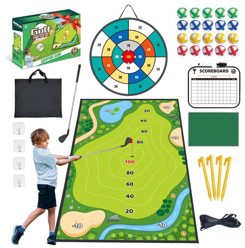 Golf Chipping Game Mat with Target, Hitting Mat, Practice Mat Outdoor & Indoor Golf Games for Kids & Adults,Sticky Score Playing Club & Balls for Backyard Garage Home Game