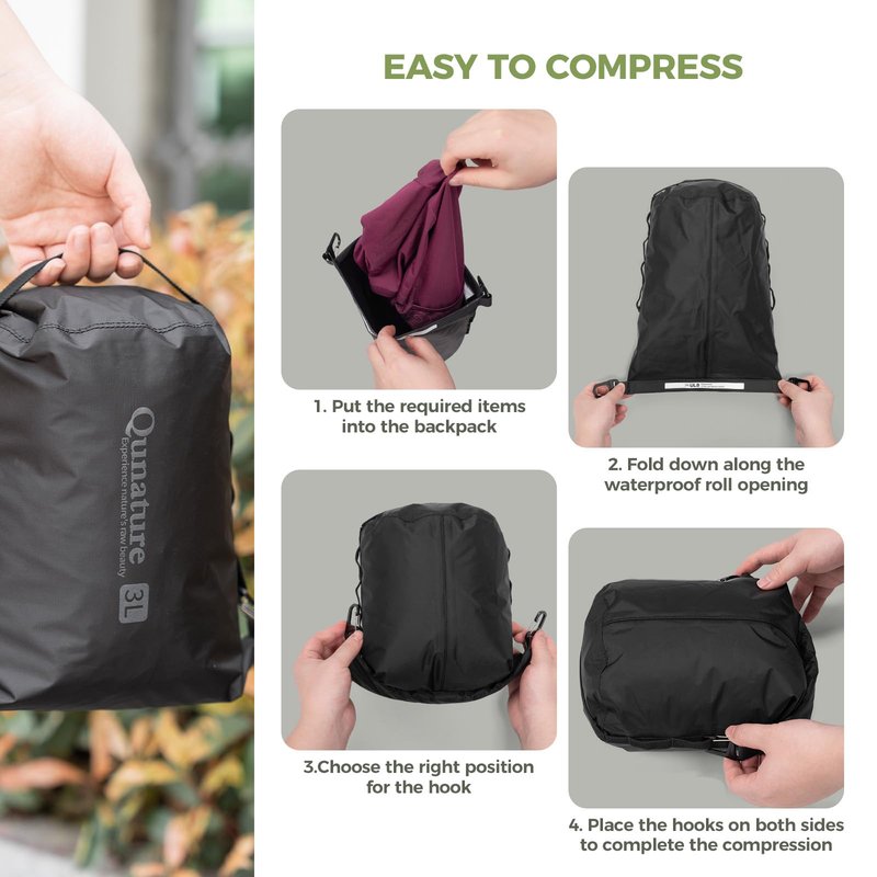 QUNATURE Bike Front Fork Bag Waterproof 3L/6L/12L, Ultralight with Side Zipper & Quick-Compress Roll System, Fully-Taped TPU Nylon, Mount on Fork/Handlebar/Rack for MTB Road Bike, Black Medium