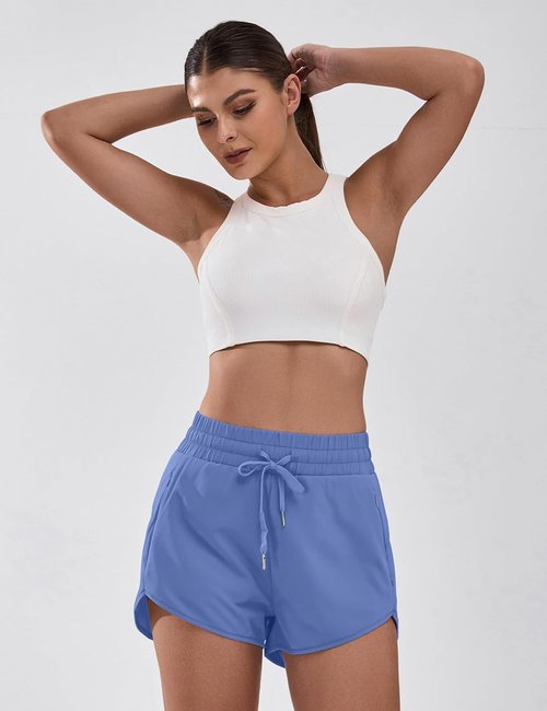 BMJL Women's Running Shorts - High Waisted Athletic Gym Shorts with Zipper Pockets | Large, Blue