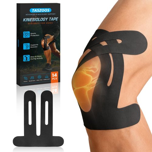 TASZOOS Pre-Shaped Kinesiology Tape for Knees - 14Pcs Waterproof Knee Tape for Knee Pain Relief, Knee Support - Elastic & Breathable Athletic Tape for Running, Hiking, Squats, Sports (Black)