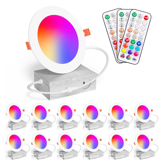 Recessed Lighting 4 Inch RGBCW Color Changing 12W LED Downlights with Junction Box,1080Lumens Canless LED Recessed Ceiling Lights Dimmable by Remote Control,Memory,Timer,Delayed Off,3 Modes, 12Pack