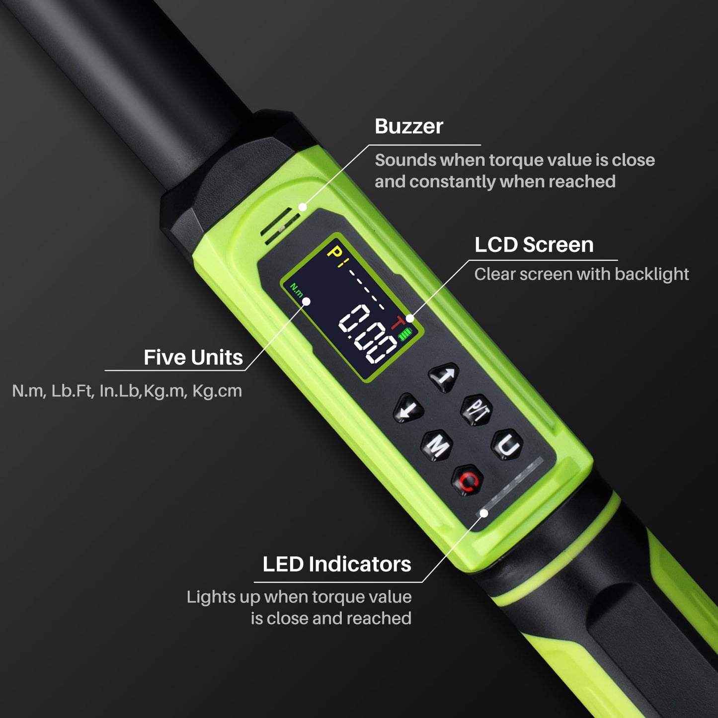 XEIMILE Digital Torque Wrench 3/8"Drive-1.5-99.6Ft.Lb/2.02-135N.m,Electric Torque Wrench With Vibration Buzzer LED Indicator,±2% Accuracy Five Units for Bike Motorcycle Car Auto Repair,DIY,Green Black