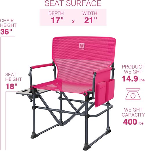 Ever Advanced Camping Directors' Chair - Portable Folding Design with Side Table & Pocket | Heavy Duty, Quick Dry, Pink, 400lbs Capacity