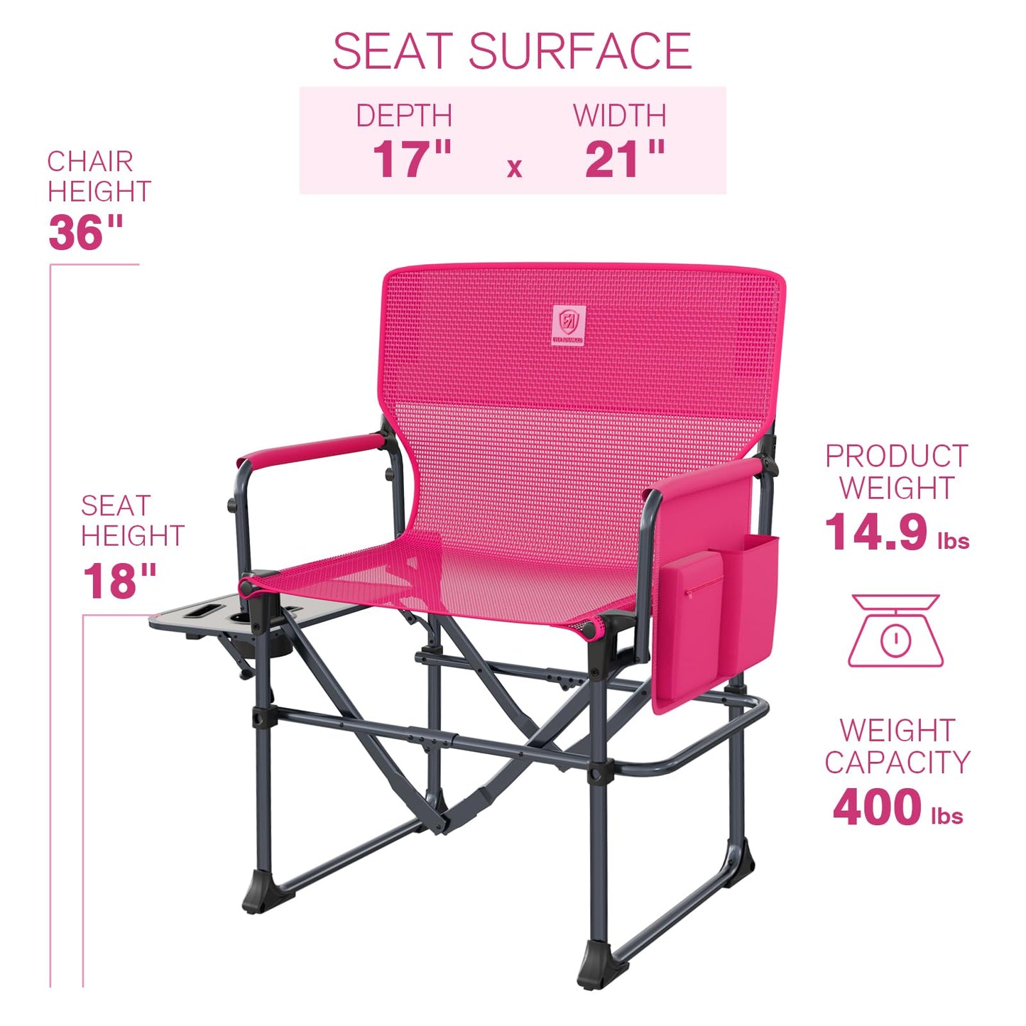 EVER ADVANCED Camping Directors' Chair with Side Table, Portable Folding with Compact Size, Breathable & Quick Dry Design Heavy Duty Lawn Chair with Pocket, 400lbs, Textilene Mesh, Pink