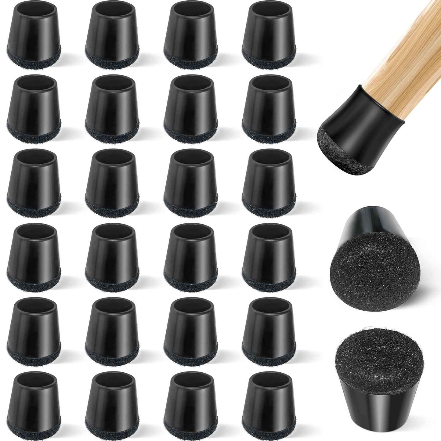 yomanta 24 PCS Silicone & Felt Chair Leg Floor Protectors for Hardwood Floors - Furniture Pads, Chair Leg Covers/Cups - No Noise & Scratch-Proof - Round XS (Fits 9/16" - 13/16" / 15-20mm), Black
