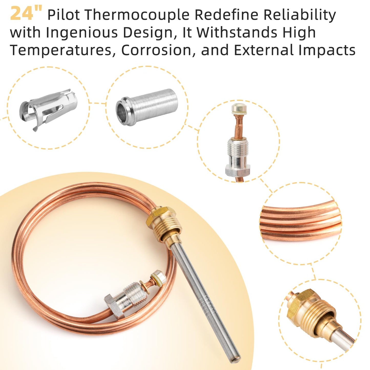 24 Inch Thermocouple for Resideo, CQ100A1013/U Water Heater Thermocouple, Gas Furnaces Thermocouple Fits Screw-in, Clamp-in ＆ Push-in Type Pilot Burners, Boiler Thermocouple Parts