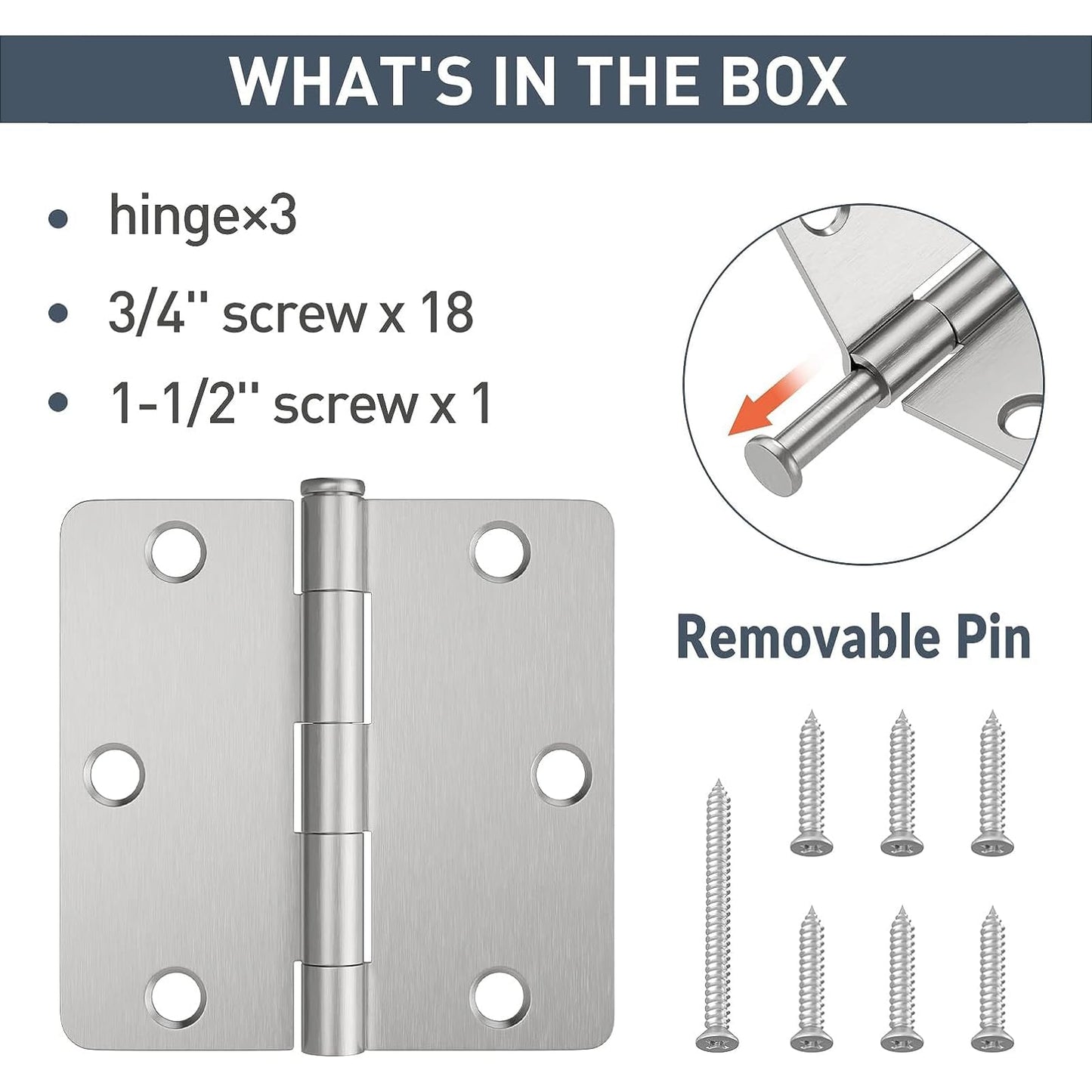 HOSOM 3 Pack Satin Nickel Door Hinges 3.5 Inch Heavy Duty Interior Door Hinge with 1/4" Radius 3-1/2 Brushed Nickel Door Hinges