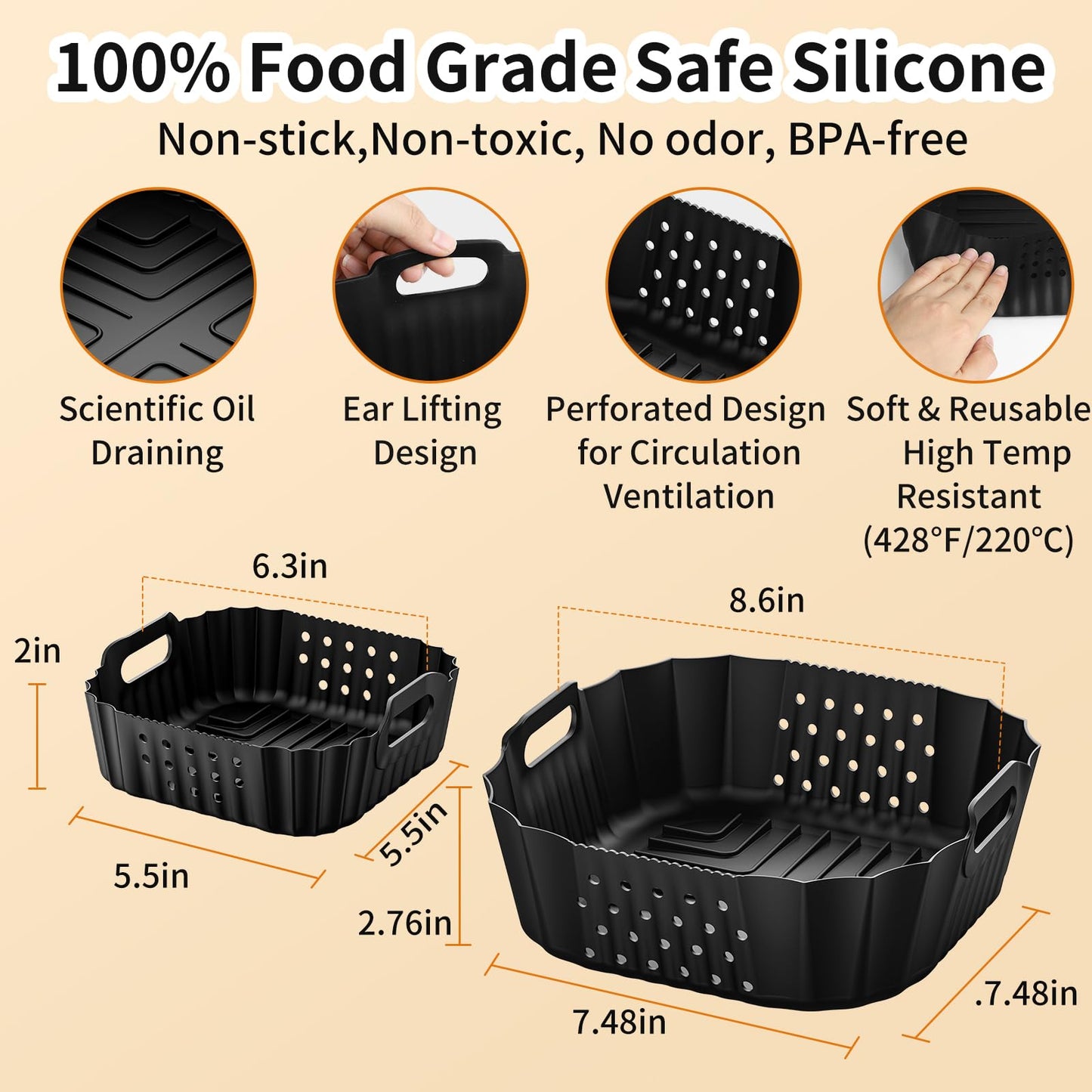 HOMELYLIFE Air Fryer Silicone Liners for Ninja Crispi FN101GY/FN101SG/FN101ST, Big Liner for 4 QT Glass Container & Small Liner for 6 Cups Glass Container, 2 Pcs Reusable Non-Stick Basket Accessories