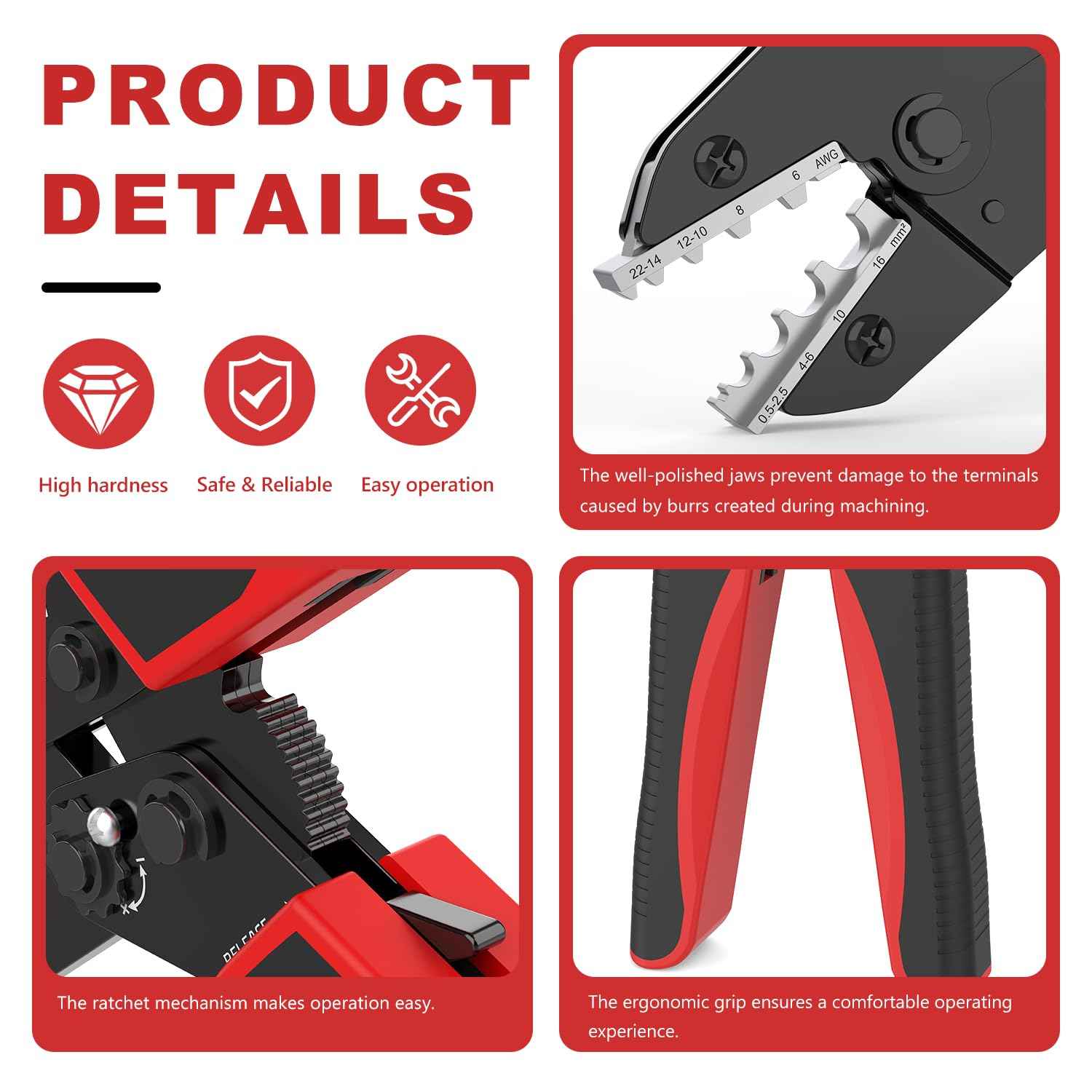Newdeli Wire Crimping Tool for Non Insulated Butt Wire Connectors - AWG 22-6 Ratchet Wire Crimper Tool Electrical Non Insulated Ring Terminals Ratcheting Crimping Plier Crimp Tool