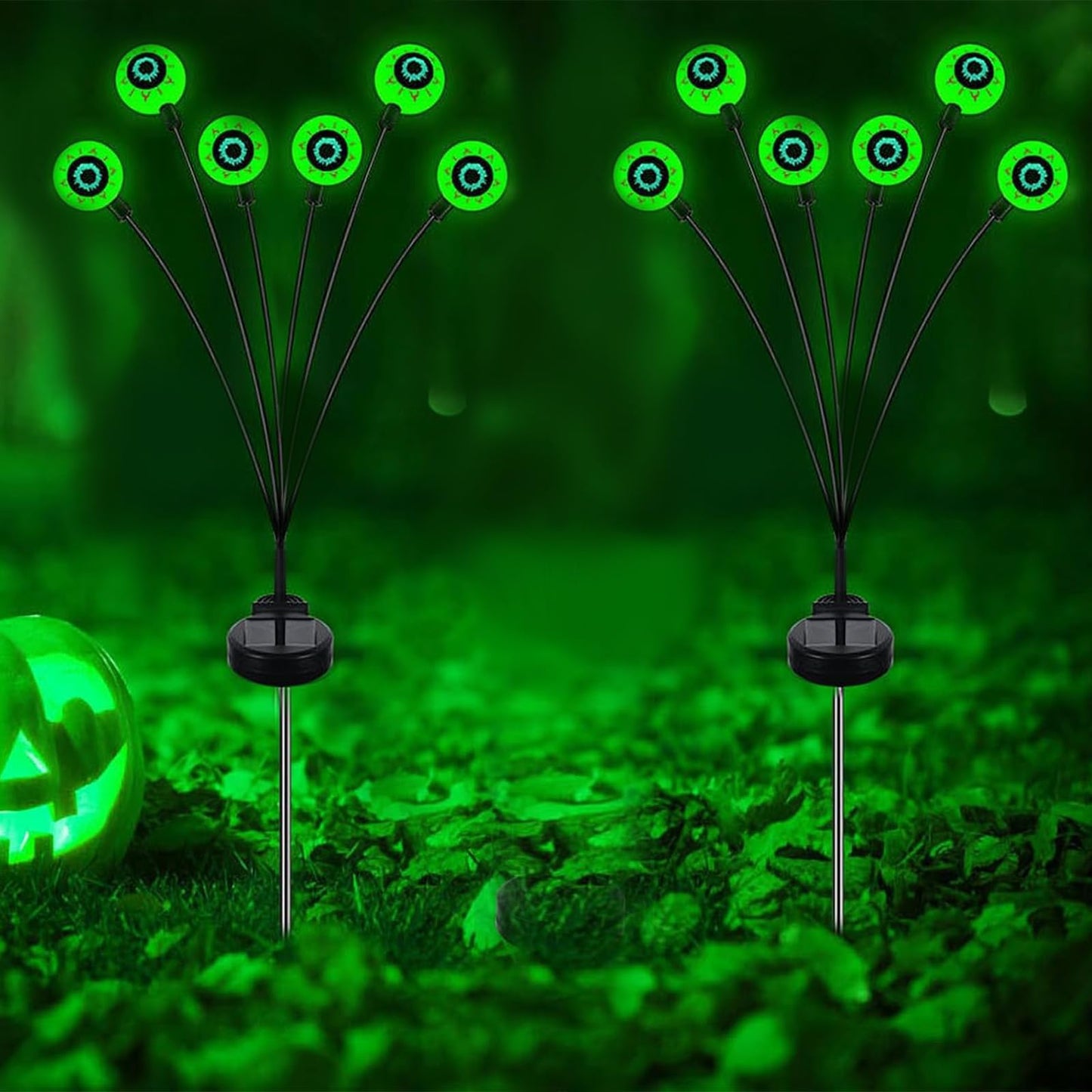 cyindzchwy Solar Halloween Decorations - 2 Pcs Scary Green Eyeball Lights, Waterproof Swaying Firefly Lights for Yard, Garden, Lawn, Party