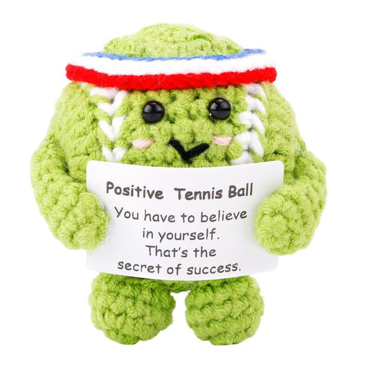 Positive Tennis Ball, Cute Funny Crochet Inspirational Tennis Ball Positive Knitted Animal Doll Crochet Toy with Positive Card for Sports Lover Friends Party Decorations