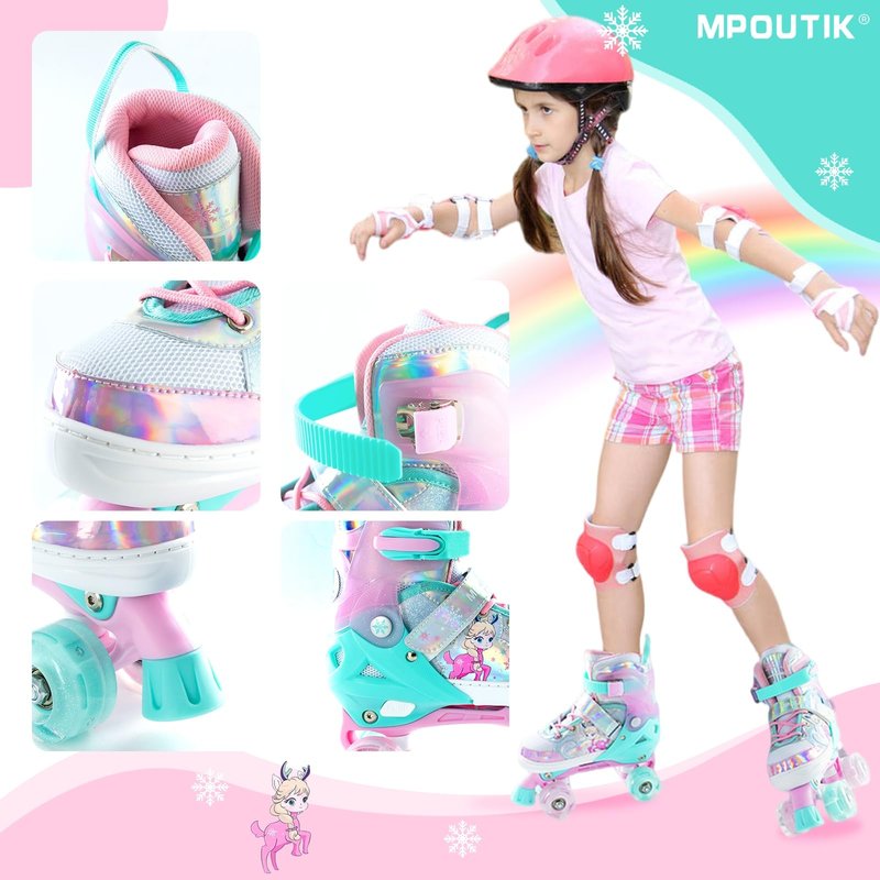 Boys Girls Adjustable Roller Skates Wheels Luminous Light Up Roller Skate for Kids Children Teens (Pink, Medium)