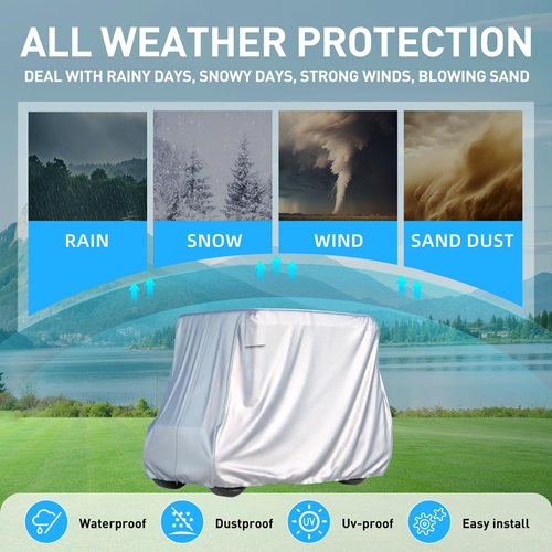 BENVOL 2/4 Passenger Golf Cart Cover for Yamaha EZGO Club Car, 420T Waterproof Polyester with Silver Coating,Waterproof,Dustproof,Windproof,Sunproof，All-Weather Protection (Silver-112 * 48 * 73 in)