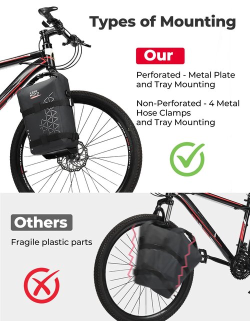 KEMIMOTO Bike Fork Bag, 10L Fully Waterproof Bicycle Front Pannier Bag, Mountain Shoulder Tool Bag with Metal Tray for Ebike Front Rack, Cycling Storage for Side Packing & E-Scooter Accessory (Black)