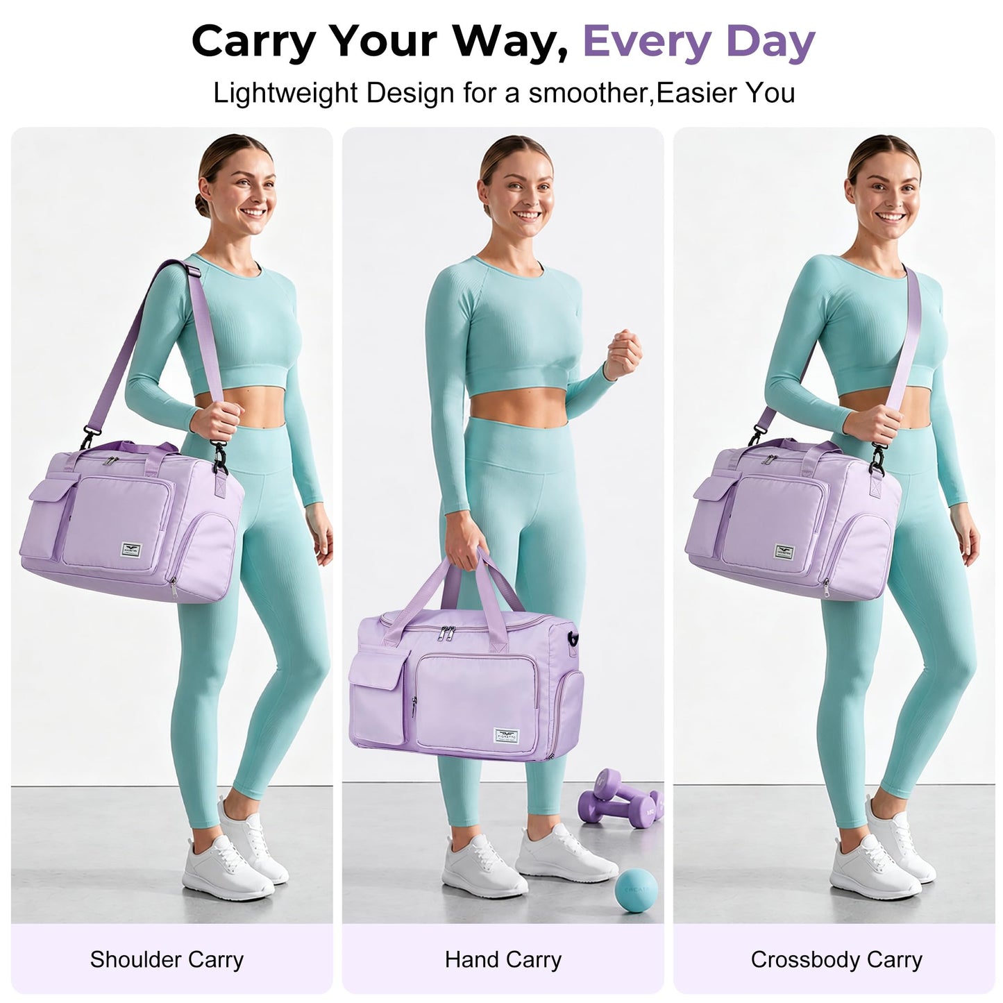 FIORETTO Women's Gym Duffle Bag with Shoes Compartment, 30L Capacity, Ideal for Travel, Gym, Sports, Duffel, Weekender, with Toiletry Bag, Lavender