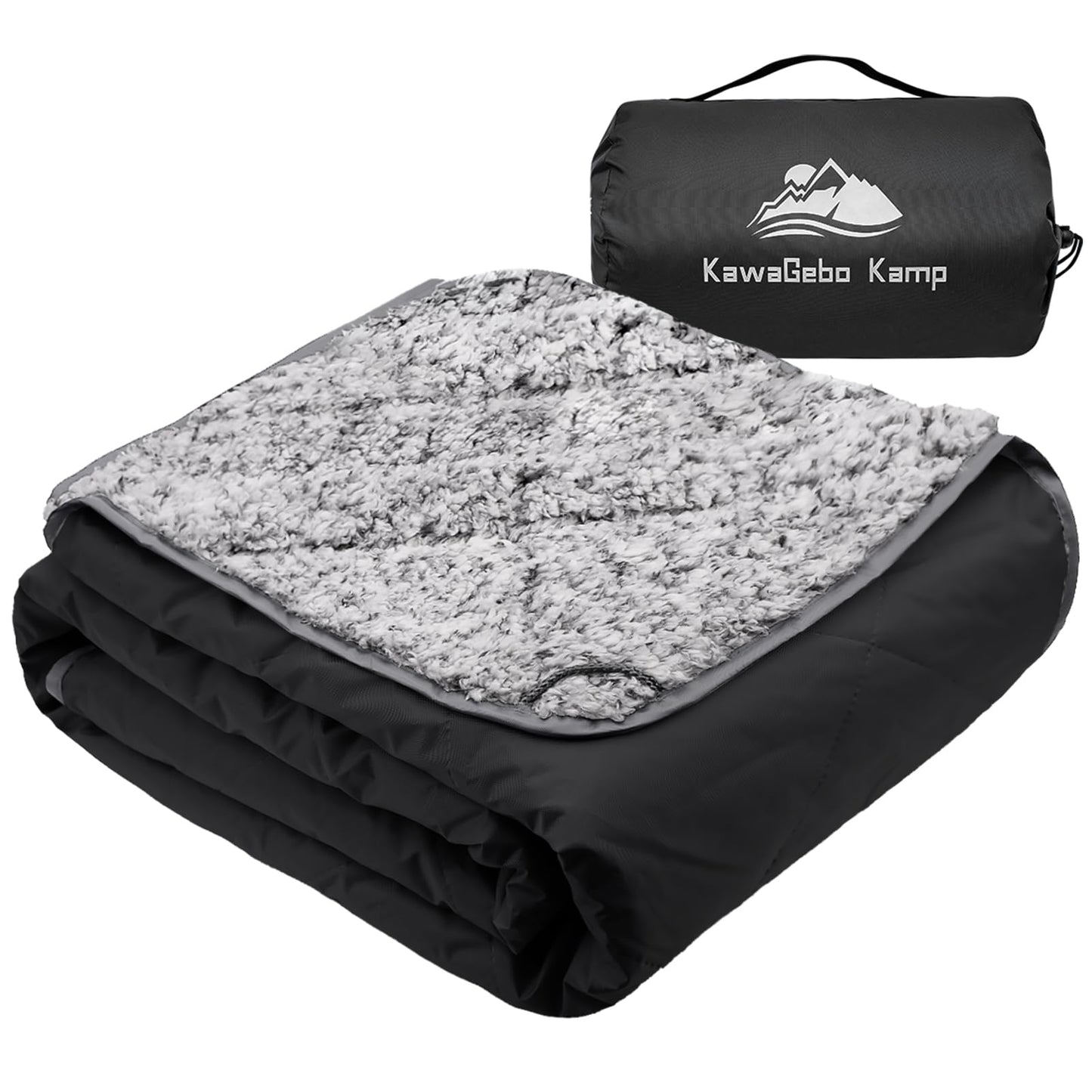 KawaGebo Kamp Sherpa Warm Outdoor Camping Blanket - Waterproof Stadium Blanket for Cold Weather, Camp, Sports Mom and Concert - Camping Quilt 80" X 58" (Black)