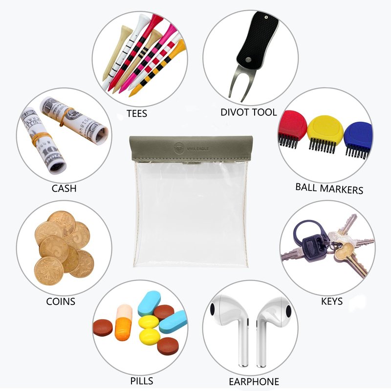 VIVA EAGLE Golf Tee Pouch Bag Organizer with Clip, Transparent Squeeze Top Pocket for Golf Accessory and Valuable | 15 Bamboo Tees Included