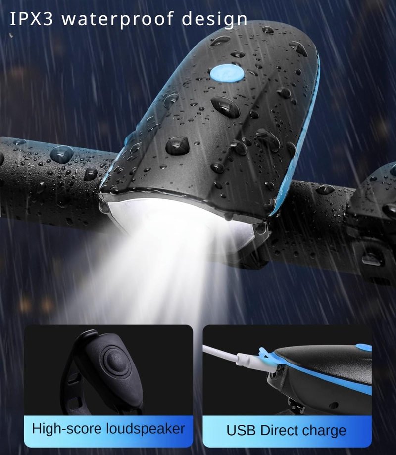 Bicycle Light and Bell Set High Lumens Bike Headlight with Horn USB Rechargeable and Waterproof (Black)